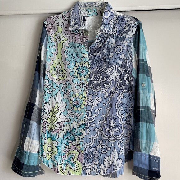 Cino SUNDANCE Floral Plaid Mixed Print Button Down Top Size S Blue Cotton - Picture 11 of 16